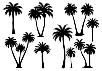Collection of diverse black silhouette palm trees isolated on a white background