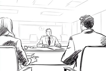 Mediator sitting at a desk with lawyers discussing, line drawing style, thick lines, cartoon explainer video style, generated image