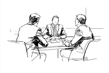 Mediator sitting at a desk with lawyers discussing, line drawing style, thick lines, cartoon explainer video style, generated image