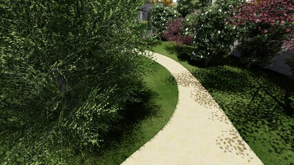 3d image of the landscape design of the home territory. Landscaping of the territory. Computer visualization of composite landscaping and landscaping solutions.