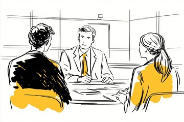 Mediator sitting at a desk with lawyers discussing, line drawing style, thick lines, cartoon explainer video style, generated image