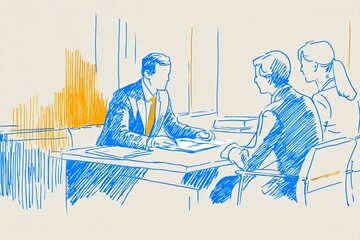 Mediator sitting at a desk with lawyers discussing, line drawing style, thick lines, cartoon explainer video style, generated image