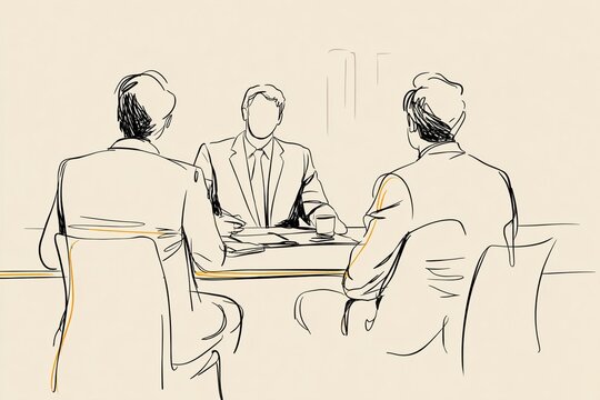 Mediator sitting at a desk with lawyers discussing, line drawing style, thick lines, cartoon explainer video style, generated image