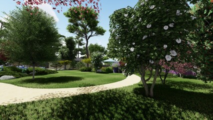 Fototapeta premium 3d image of the landscape design of the home territory. Landscaping of the territory. Computer visualization of composite landscaping and landscaping solutions.