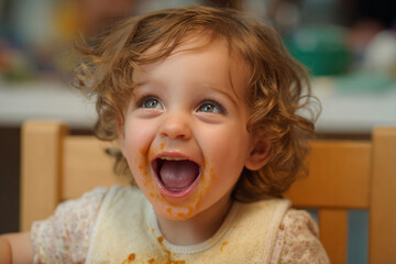 Happy toddler enjoys mealtime with messy face while sitting in wooden chair