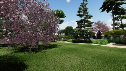3d image of the landscape design of the home territory. Landscaping of the territory. Computer visualization of composite landscaping and landscaping solutions.