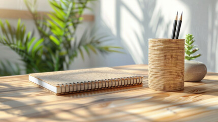A cozy eco friendly workspace with a bamboo pencil holder and a spiral notebook for notes. A calm and inspiring atmosphere for writing, studying or creating.