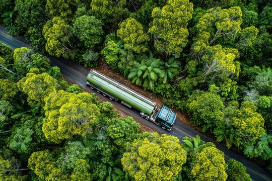 Tanker Truck Driving Through Tropical Rainforest Road Aerial View