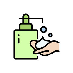 Hand Sanitizer Color Icon. Washing hand with sanitizer liquid soap. Illustration of cleanser, detergent, shampoo, liquid soap, gel. Flat isolated vector symbol of cleaning and cleanliness.