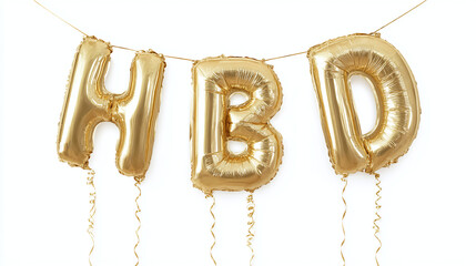 Balloon letters spelling "HBD" floating in the air, clean transparent background, metallic shine and party strings hanging down, isolated on transparent background 