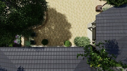 3d image of the landscape design of the home territory. Landscaping of the territory. Computer visualization of composite landscaping and landscaping solutions.