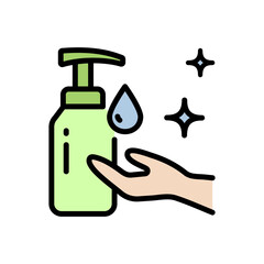 Hands disinfection. Liquid antibacterial soap. Hand Soap Color Icon. Illustration of cleanser, detergent, shampoo, liquid soap, gel. Flat Vector isolated symbol.