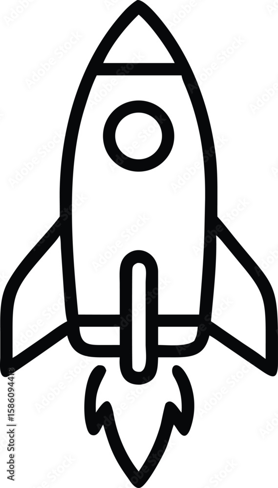 Poster simple rocket ship outline icon with flame for print and digital use