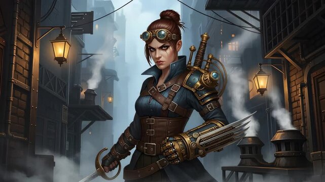 Steampunk Woman with Metal Arm in Dark City Alley