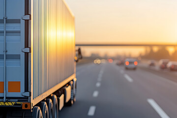 Semi-truck driving into the sunset. Transportation of goods on the open road. Cargo logistics and delivery in a picturesque golden hour scene.