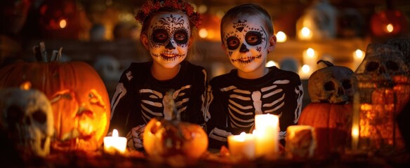 The children celebrating Halloween with vibrant costumes and sugar skull makeup.