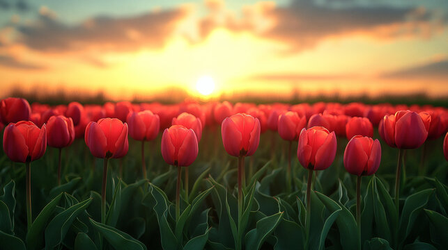 Wide open field filled with blooming tulips in rainbow hues