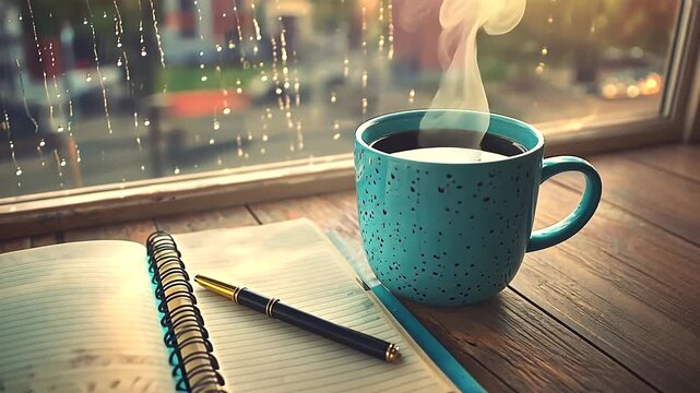 Cozy indoor scene with a steaming cup of coffee beside an open notebook on a rainy window sill
