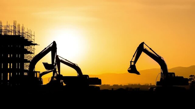 The silhouette of excavators stand against a vibrant orange sunset at a construction site, symbolizing progress and development