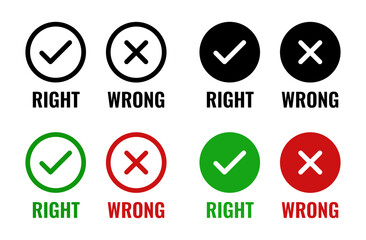 Right and wrong symbols with check and cross marks in black, green, and red circular icons, representing correctness, mistakes, validation, or error indication