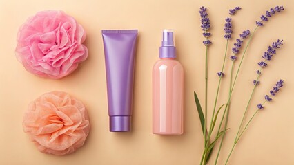 A pasteltoned beauty arrangement with lavender and cosmetic products creates a calming spa scene