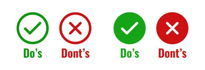 Do’s and don’ts check and cross icons with green and red circular design, representing guidance, rules, permission, prohibition, or best practices