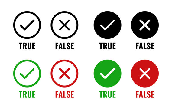 True and false symbols with check marks and crosses inside circles in black, green, and red styles, representing correct and incorrect answers or validation states