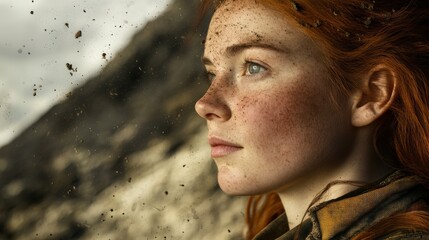 Close-up portrait of a young woman with freckles and dirt.
