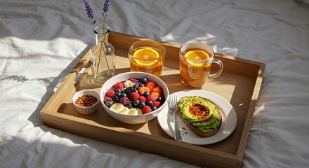 Breakfast in Bed: Healthy Bowl, Avocado Toast, and Refreshing Tea for a Relaxing Morning