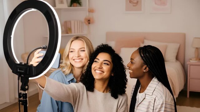 Three Diverse Young Women Taking a Selfie with Ring Light in a Bright Bedroom