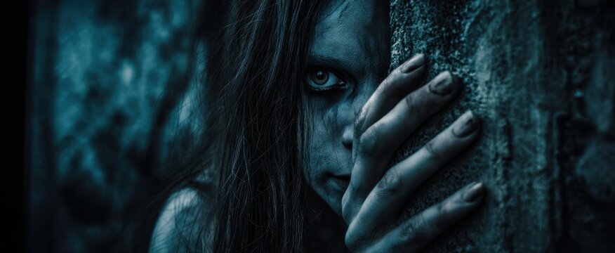 The haunting girl peering from behind a shadowy wall