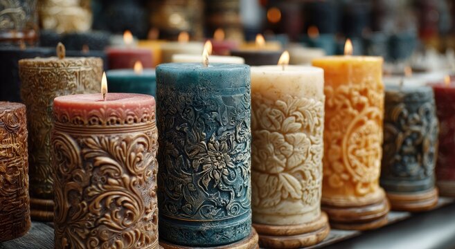 Rows of decorative candles in various colors and ornate designs