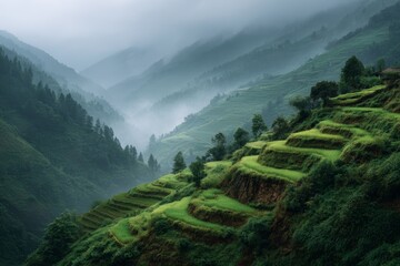 Lush Green Terraced Fields on Mountain Slopes in Overcast Weather