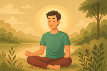 Fototapeta premium Cartoon-style illustration of a man meditating outdoors in a serene natural setting with sunlight and a calm, relaxed expression.