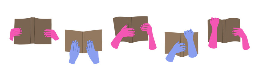 Hands holding open books vector illustration. Reading lovers, education and knowledge concept. Various people possess magazine set.