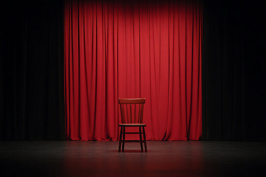 Stage presence: a lone chair takes center stage against a backdrop of dramatic red curtains, setting the scene for a performance or a poignant moment.
