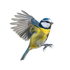 Fototapeta premium Small Blue Tit (Cyanistes caeruleus) bird with vibrant blue and yellow plumage, wings spread mid-flight, isolated on a transparent background in a brightly lit studio. Perfect cutout,
