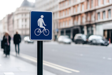 Bike Lane Sign in Cityscape. A clear, blue bike lane sign stands tall, signaling cyclist passage against a backdrop of city buildings and pedestrian traffic.