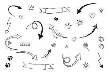 Vector set of hand-drawn black arrows. Banner ribbon, crown, lips, bubbles, paw prints, lollipop, stars, hearts. Flat vector design of arrows and funny hand drawn stuff for website or print use