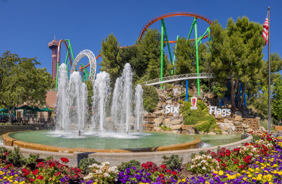 Six Flags Magic Mountain Theme Park in Los Angeles California. Iconic family amusement park with roller coasters and attractions