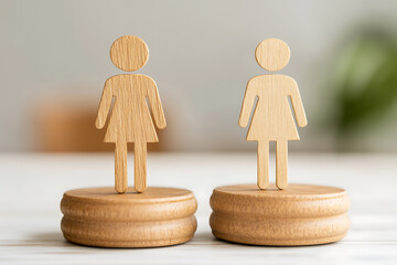 Two small wooden female figures stand on wooden platforms. Equality, gender balance, or a representation of women in leadership roles are implied.