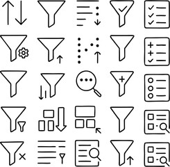 Sorting and filtering vector icon set includes funnel filters, sort arrows, dropdowns, list organization, data arrangement tools, settings, and selection symbols.

