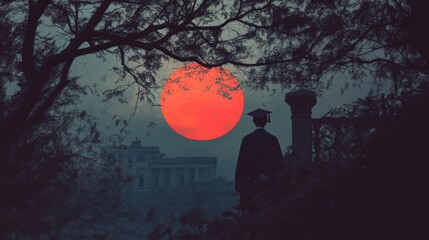Silhouette of a graduate under a blood-red sun.