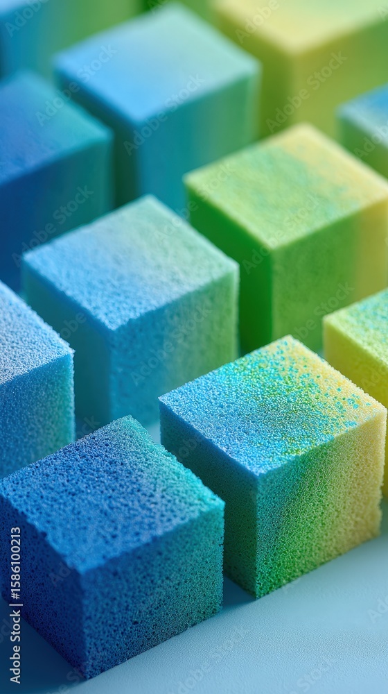 Poster colorful textured foam cubes arranged in a grid pattern with a gradient of blue and green hues, show