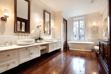 Luxurious bathroom with double vanity, soaking tub, and large windows