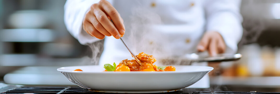 Chef plating a gourmet dish with tweezers. A culinary artist meticulously arranging food on a white plate for an elegant presentation.