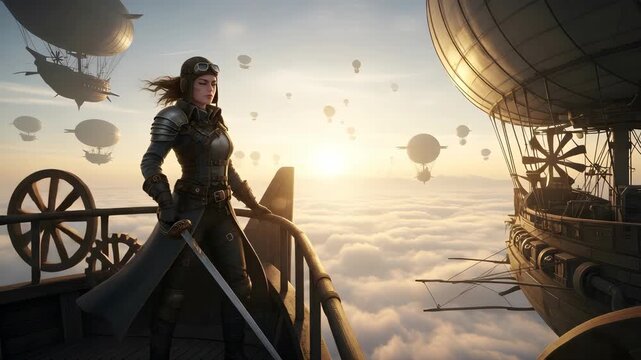 Woman with Sword on Airship Above Clouds at Sunset