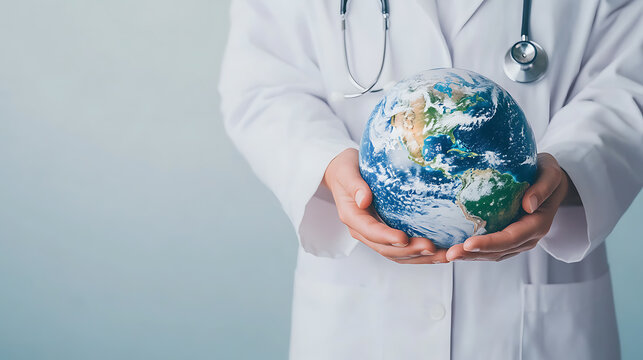 Protecting global health: A doctor holds a globe representing the interconnectedness of the world's health and environmental challenges.