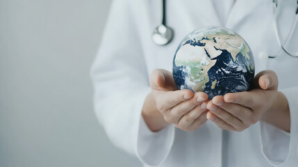 Global Healthcare: Doctor holding a globe, symbolizing worldwide medical care and health initiatives. Focus on international health and wellness solutions.