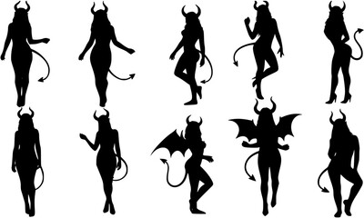 Vector of beautiful sexy devil women silhouettes isolated
